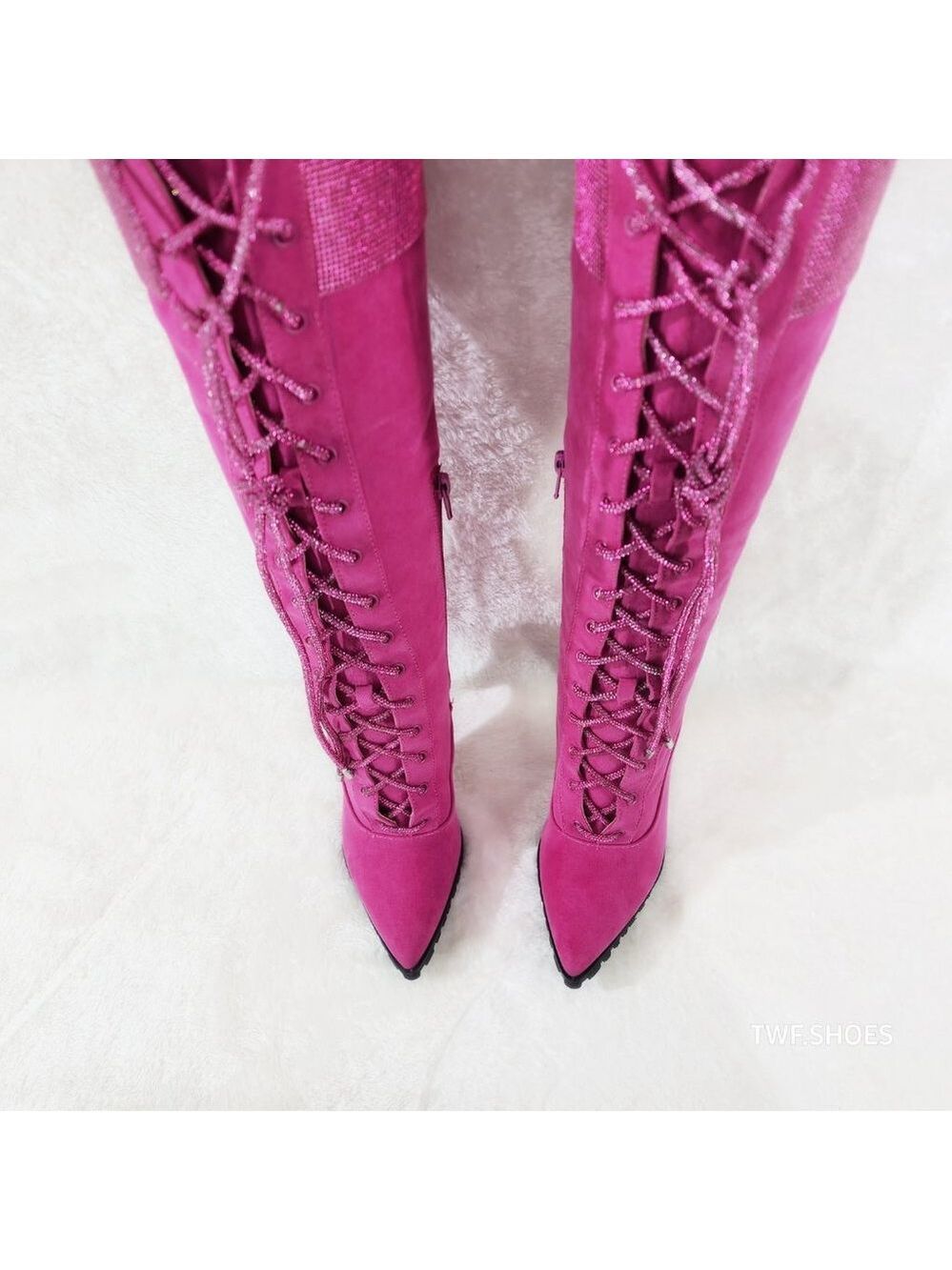 Queens FX Suede & Rhinestone Pointy Toe High Heels Stiletto Lace Up Knee Boots - Picture 14 of 14